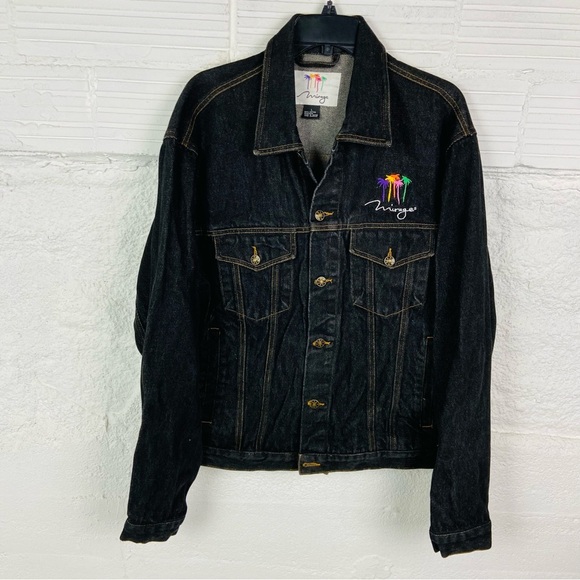 Mirage oversized dark Denim cotton embroidered colorful palm trees Jacket SZ L - Picture 3 of 14